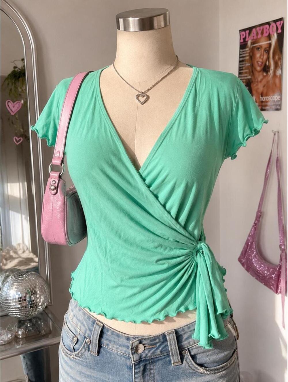 Worthington Ruched Wrap Top | Womenโs Medium | Mint Green